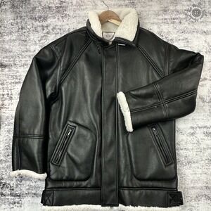 Topman ASOS Men's Large Black Faux Leather Shearling Coat Jacket
